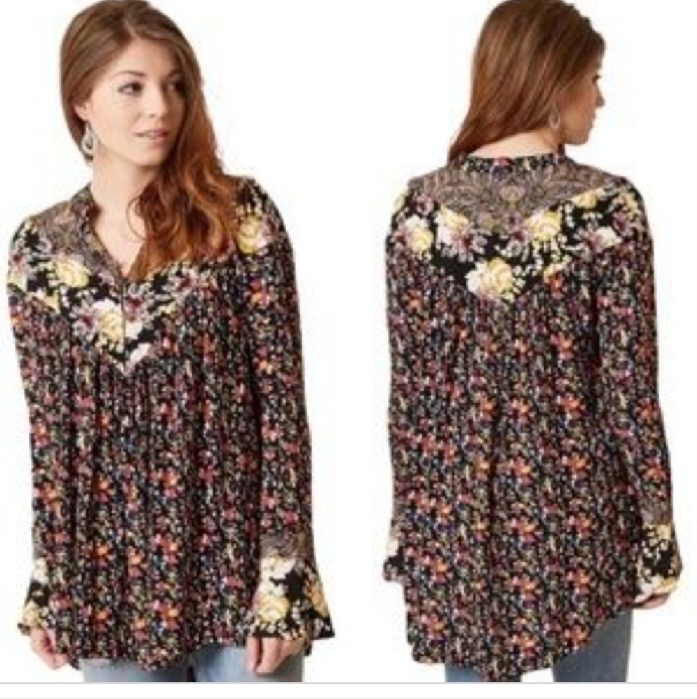Free People Boho Black Multicolor Floral Long Sleeve Henley Pleated Blouse XS